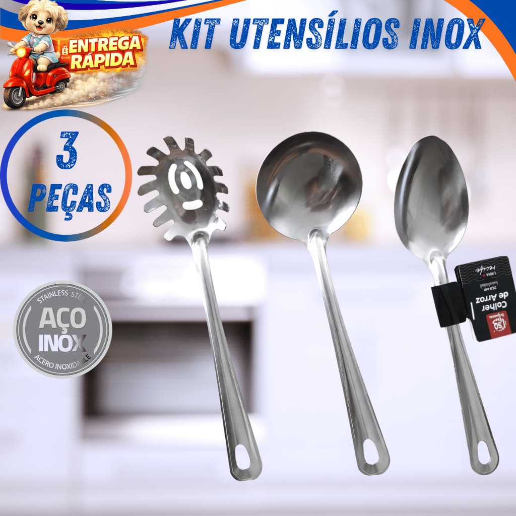 Kit de Utensílios de Cozinha em Aço Inox com Pegador de Massas, Concha e Colher de Arroz Restaurante
