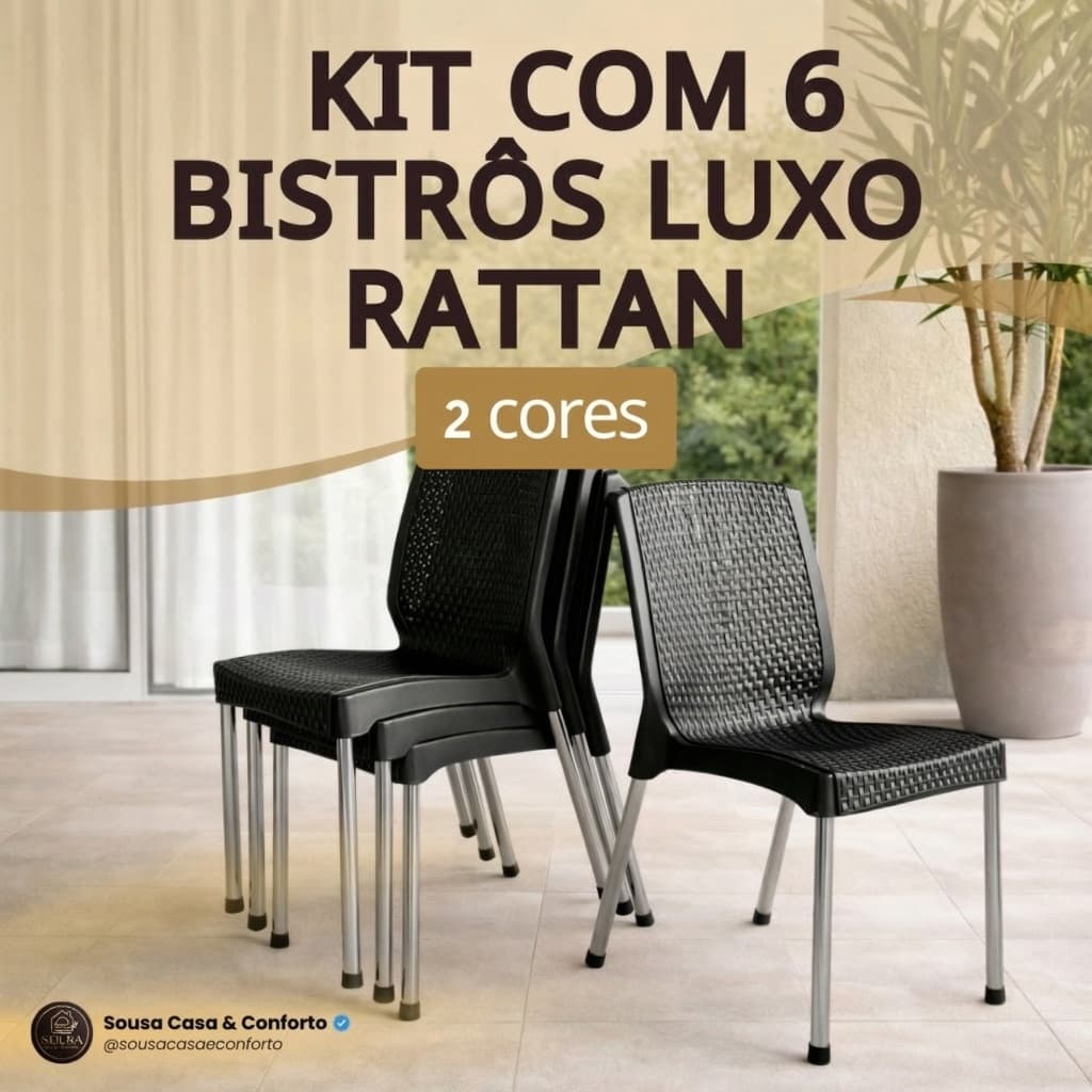 Kit 6 Bistrô Reforçada Rattan Luxo Sem Apoio Braço UV Empilhável 160kg Aço Cromado Qualquer Ambiente