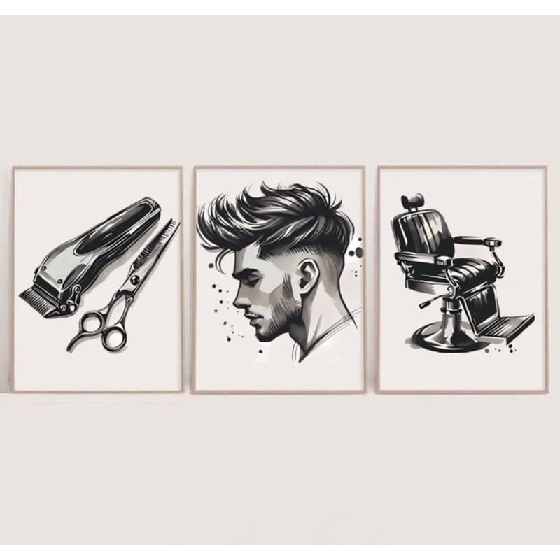 Kit 3 Quadros Decorativos Barbearia – Máquina, Tesoura e Cadeira Barbeiro – Decoração Salão Masculino
