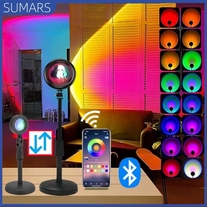 Luz Projetora Parede Sunset RGB APP Bluetooth ou  Controle Remoto 16 Cores LED Neon Arco-Íris para Fotos