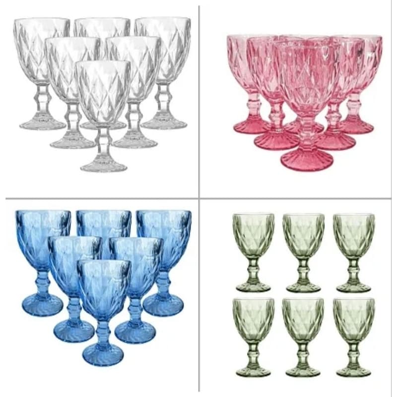 Conjunto Jogo de Taças 260ml Kit 6 Taças Vidro Diamante Coloridas Luxo Água Vinho Drink LUXO E ALTA QUALIDADE
