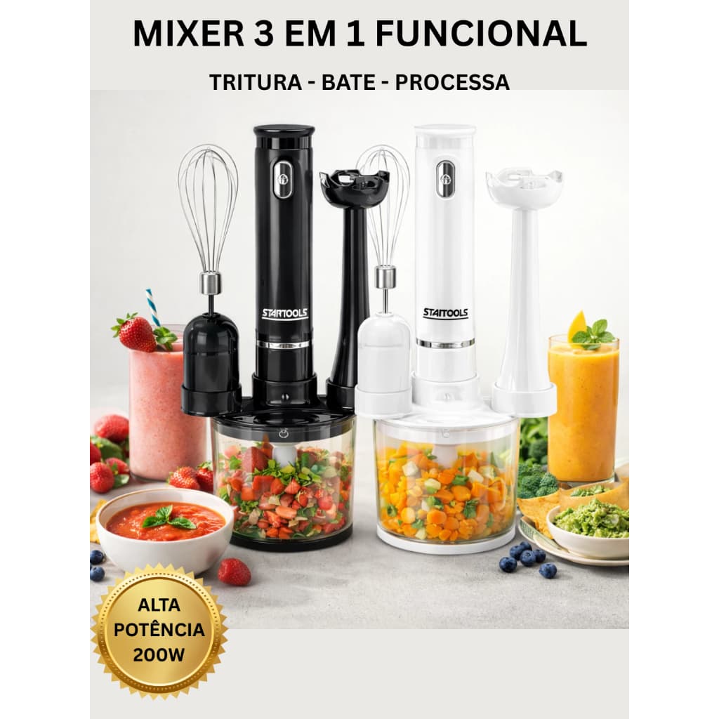 🏷️ Kit Mixer 3 em 1 Multifuncional Processador e Batedor com Copo 700ml  - 220V ou 110V 200W