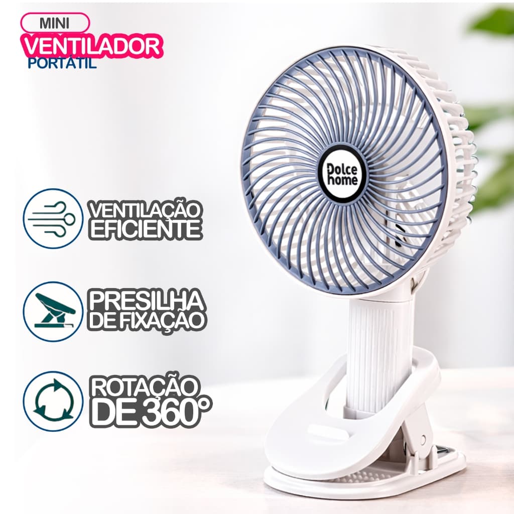 Ventilador Portátil USB com Clip Recarregável 3 Velocidades Silencioso Mesa Berço