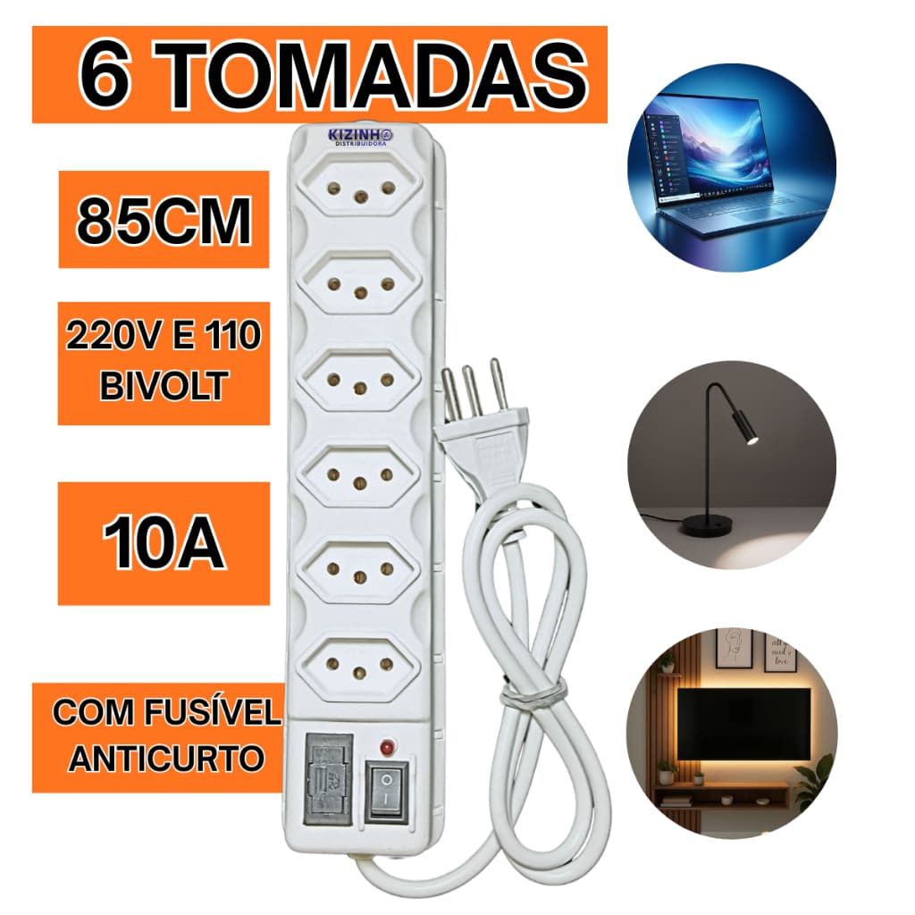 Filtro de Linha 6 Tomadas Branca Régua Elétrica Bivolt 127/220 10A Com Fusível de Proteção 3A 85cm