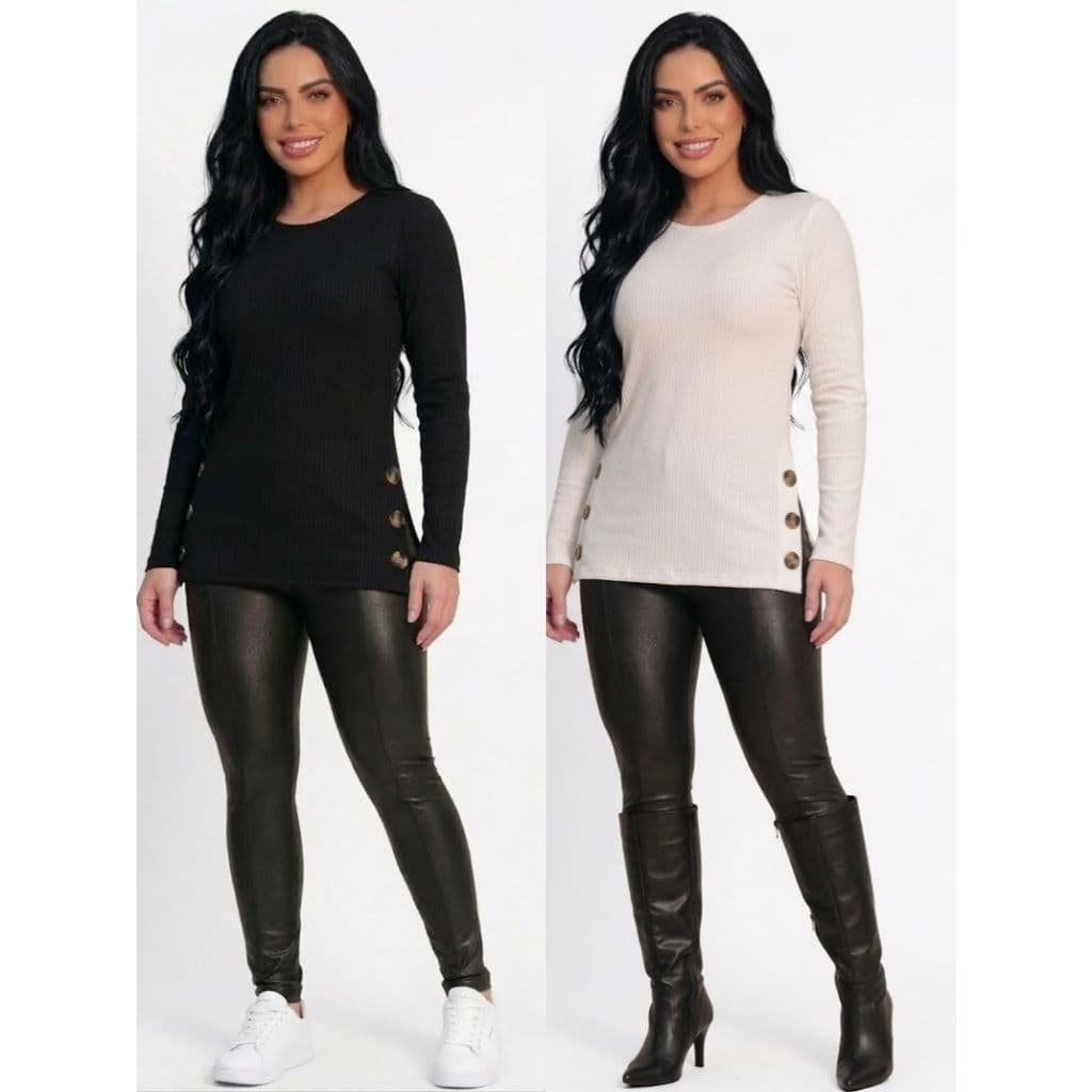 Blusa feminina Canelado Tapa Bumbum botoes vest legging Manga Longa