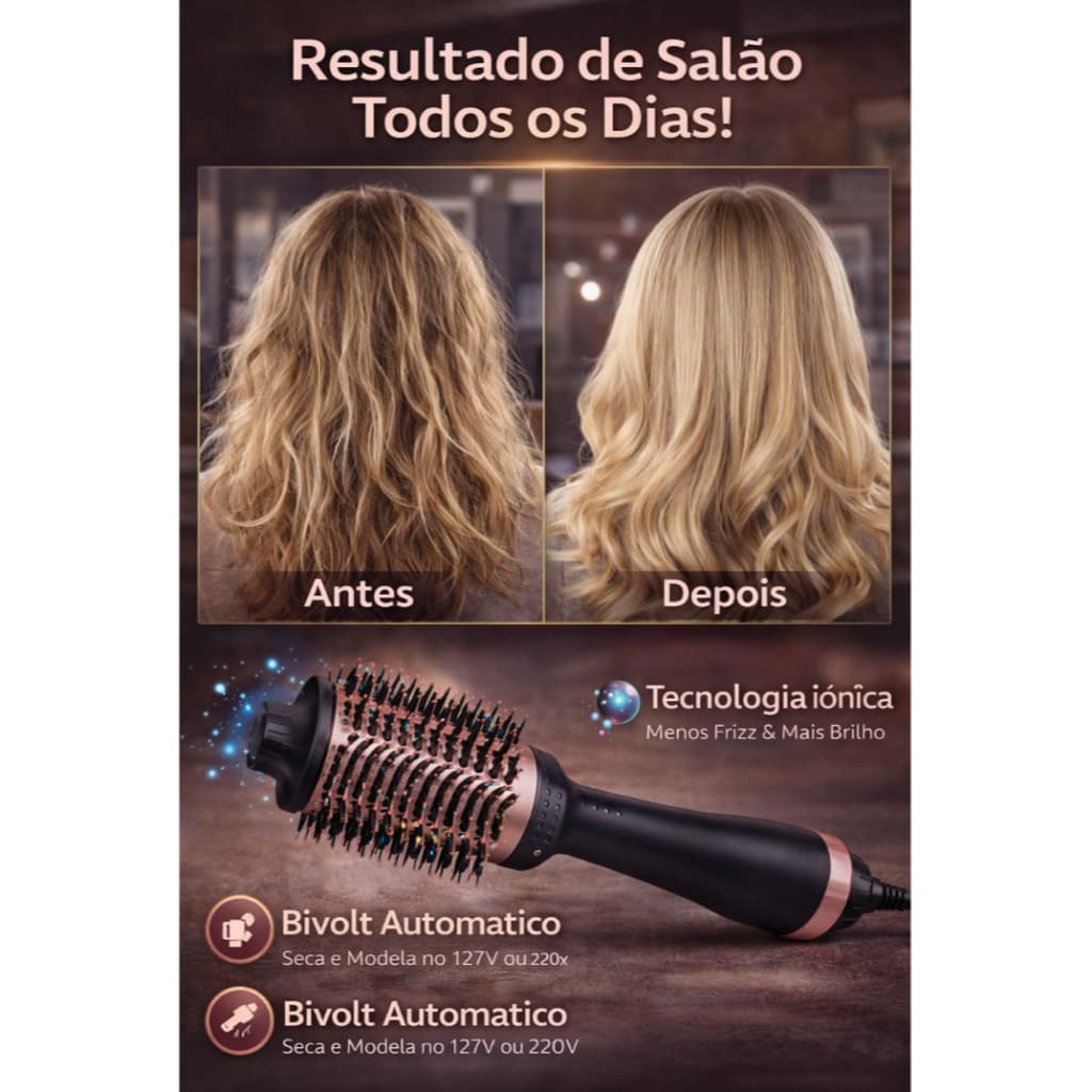Escova Secadora Profissional 1300W Bivolt 3 em 1 Seca Alisa Modela Cabelo Rápido