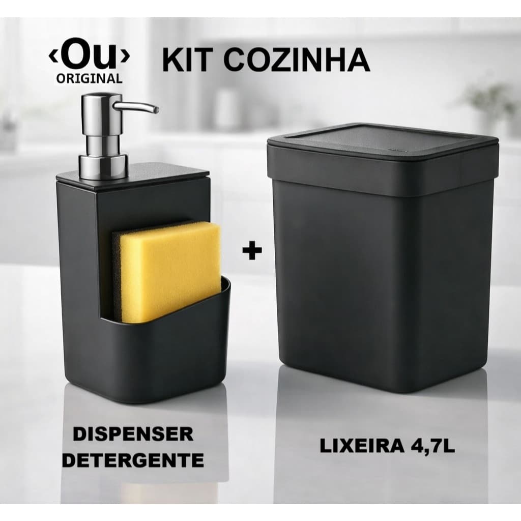 Dispenser De Detergente 650ml + Lixeira 4,7L Trium Ou Preto Pia com Dosador Suporte Esponja Buchinha