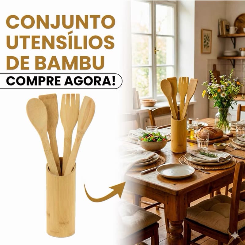 KIT 5 PEÇAS de Utensílios em Bambu mais Tabua de churrasco e preparo de ALIMENTOS COZINHA