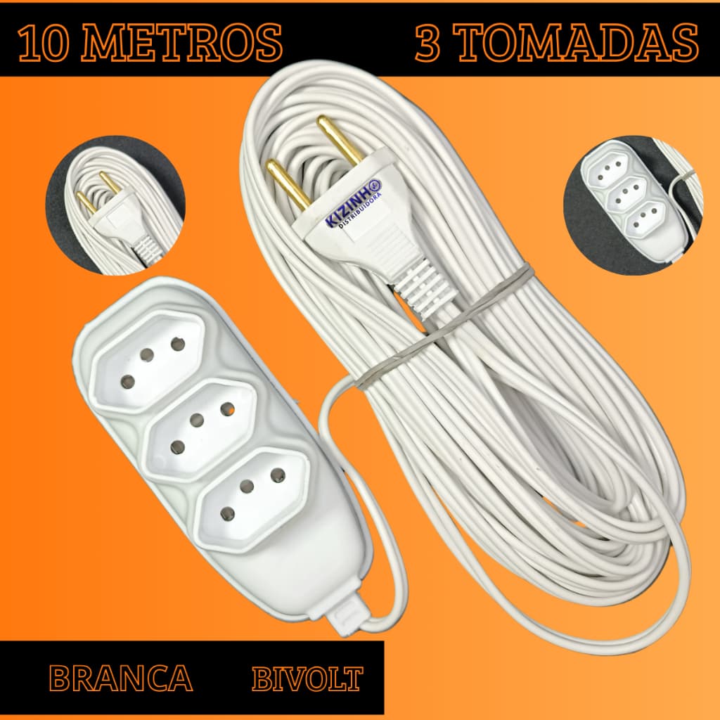 Extensão Elétrica com 3 Tomadas Branca De 10 Metros Extensão de Energia Bivolt 127/220 10A