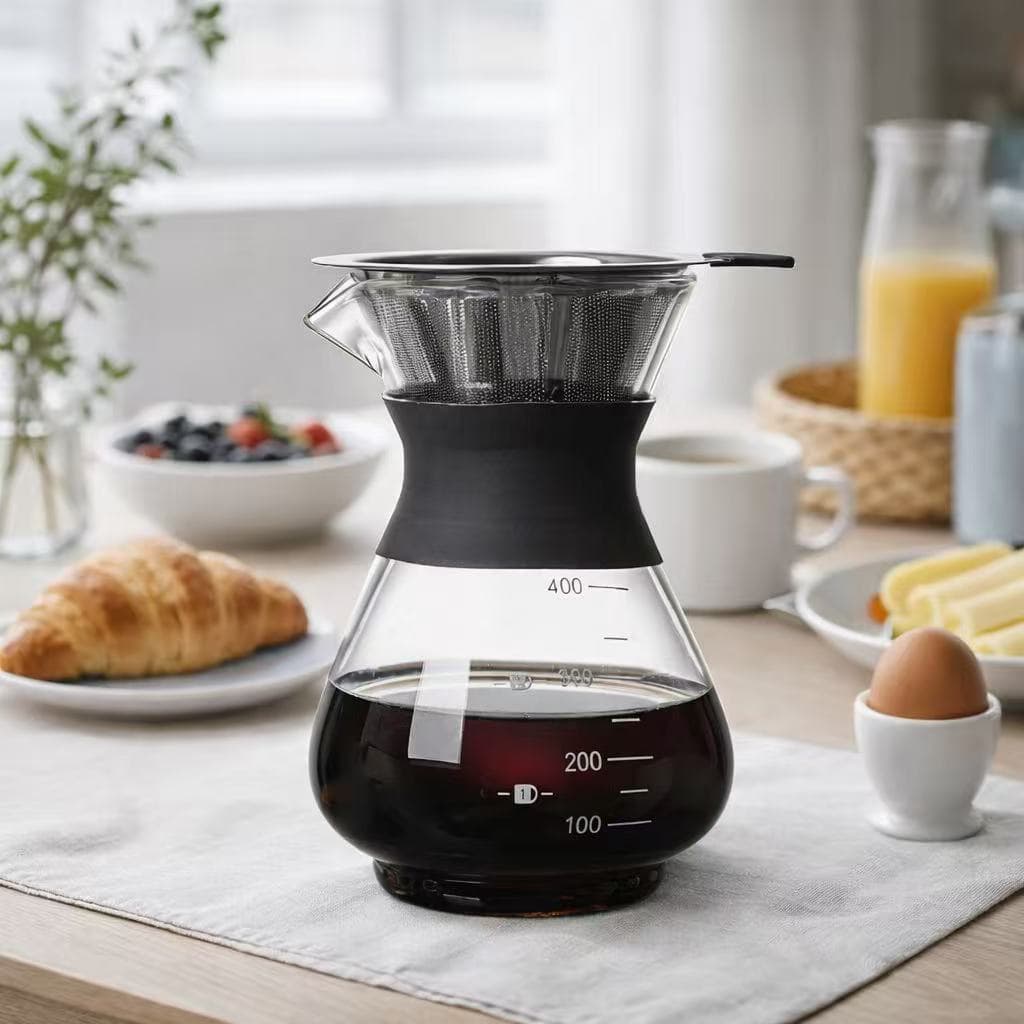 Cafeteira Manual 400ml com Filtro Inox Reutilizável Jarra de Café Vidro Resistente Método Pour