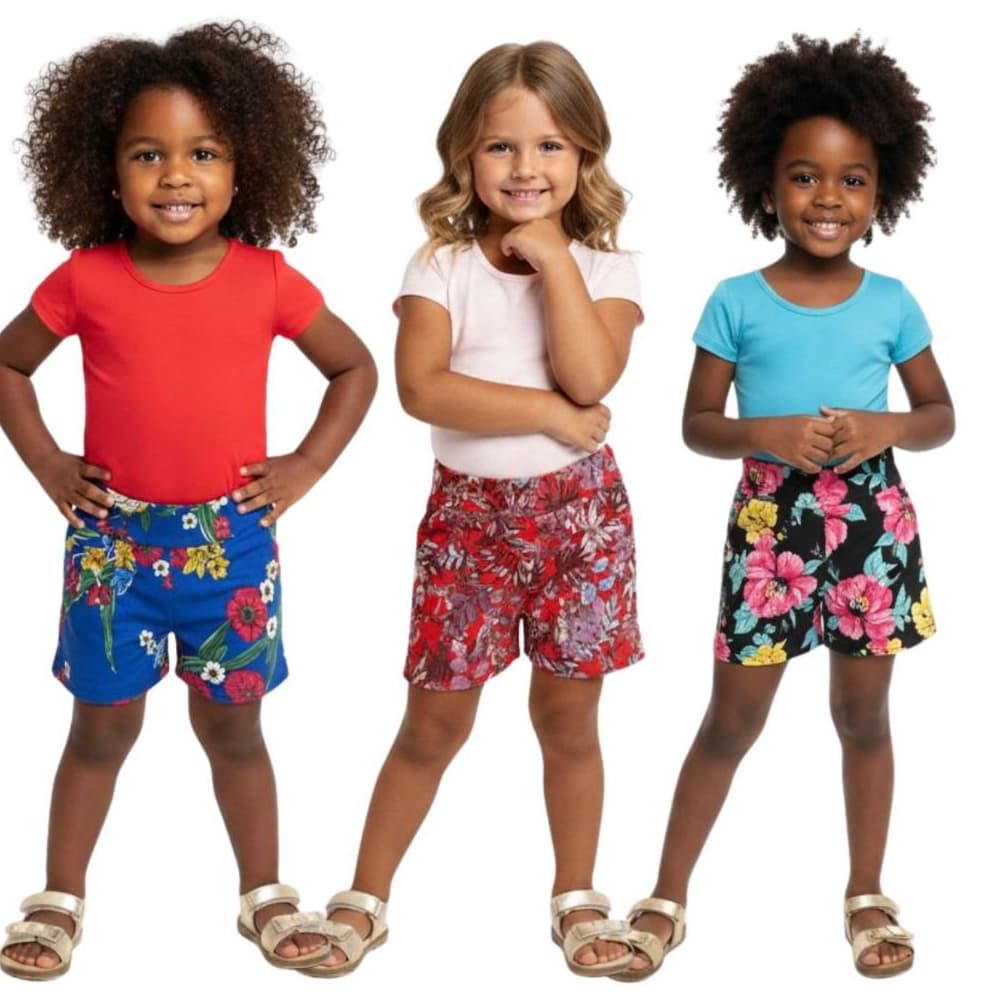 Kit 3 Shorts Infantis Estampados Menina Tam 4 a 12 Anos