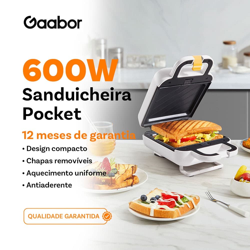 Sanduicheira Gaabor Grill Elétrico com Assadeira Antiaderente Temperatura Ajustável  Café da Manhã SM60M-WH01A