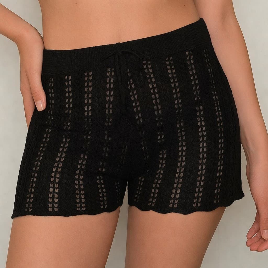 Shorts Feminino Saída de Praia Tricô Crochê Ajustável Moda Praia Verão, Tamanho Único