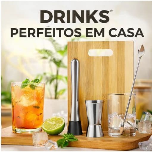 Kit Barman Drinks Profissional em Inox Socador Dosador Colher Bailarina e Tabua Bartender Forma Gelo