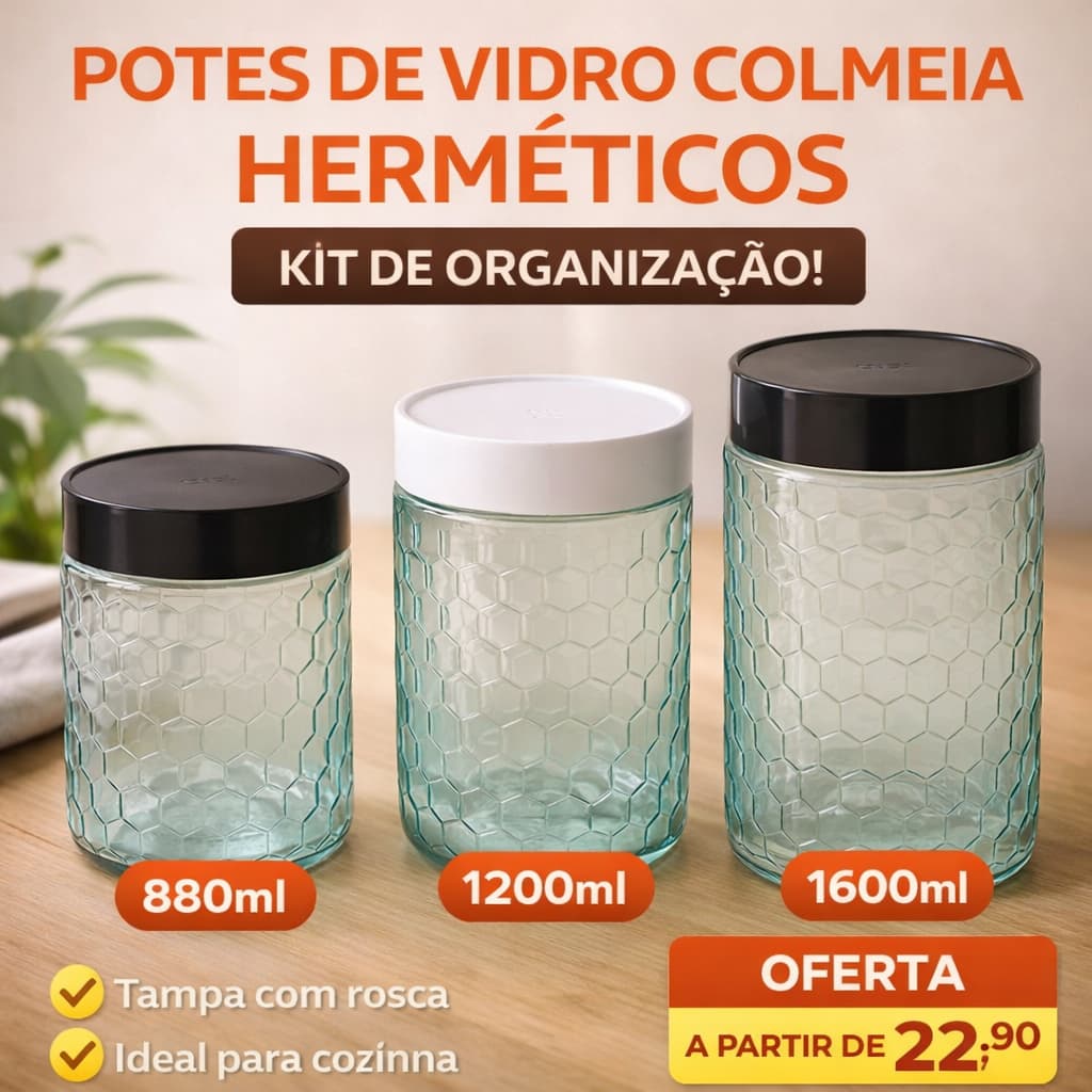 Pote de Vidro Colmeia 880ml 1200ml 1600ml com Tampa Hermética Porta Mantimentos Cozinha