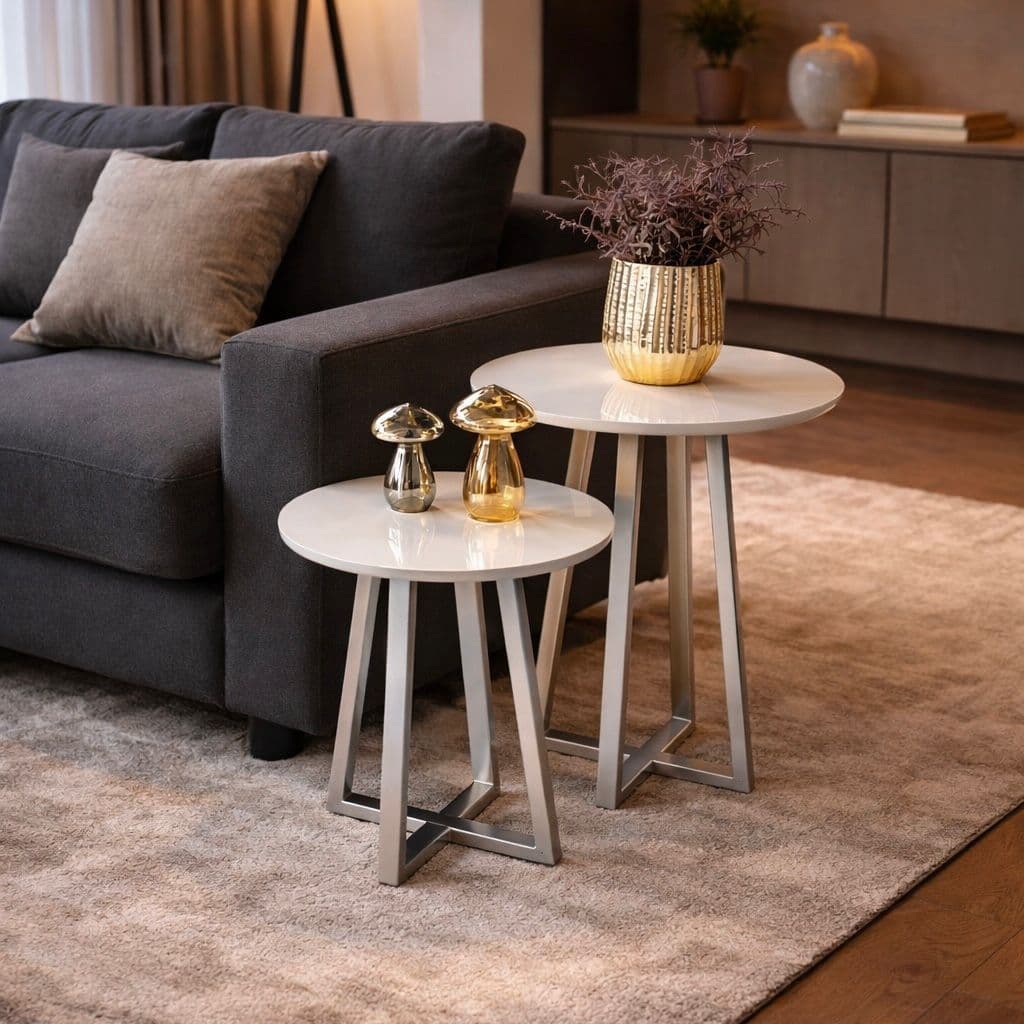 Kit 2 Mesas Lateral Redondas Decorativas Grécia Base Pé Aço Cromado Prata Apoio Sala Moderna Luxo 20x30