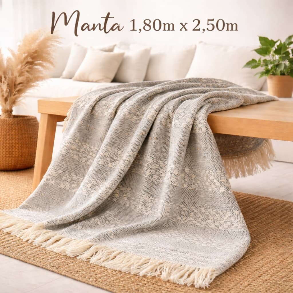 Manta Para Sofá -1,80x  2,50m Algodão Decorativa Artesanal com Franja Confortável Elegante para Sala e Cama