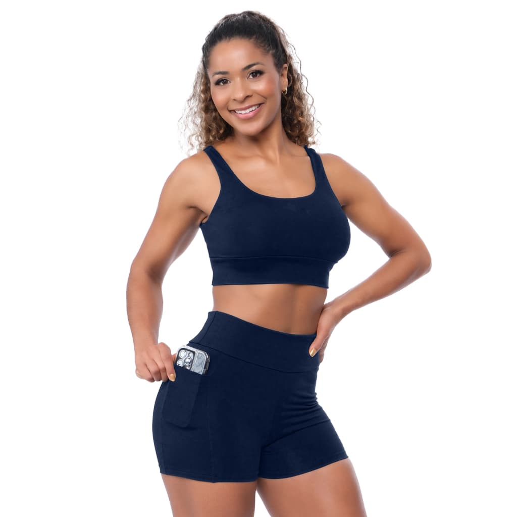 Conjunto Academia Feminino Top Bojo Removível + Short Cós Alto Bolso Grande Envio Imediato