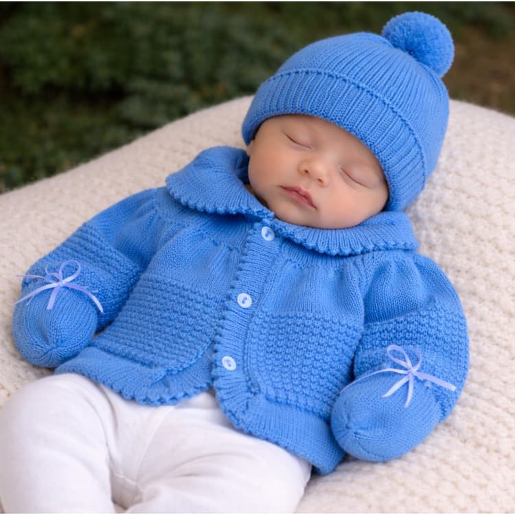 Casaquinho Gola com Touca, Luva e Sapato Azul Bebê Tricô Menino