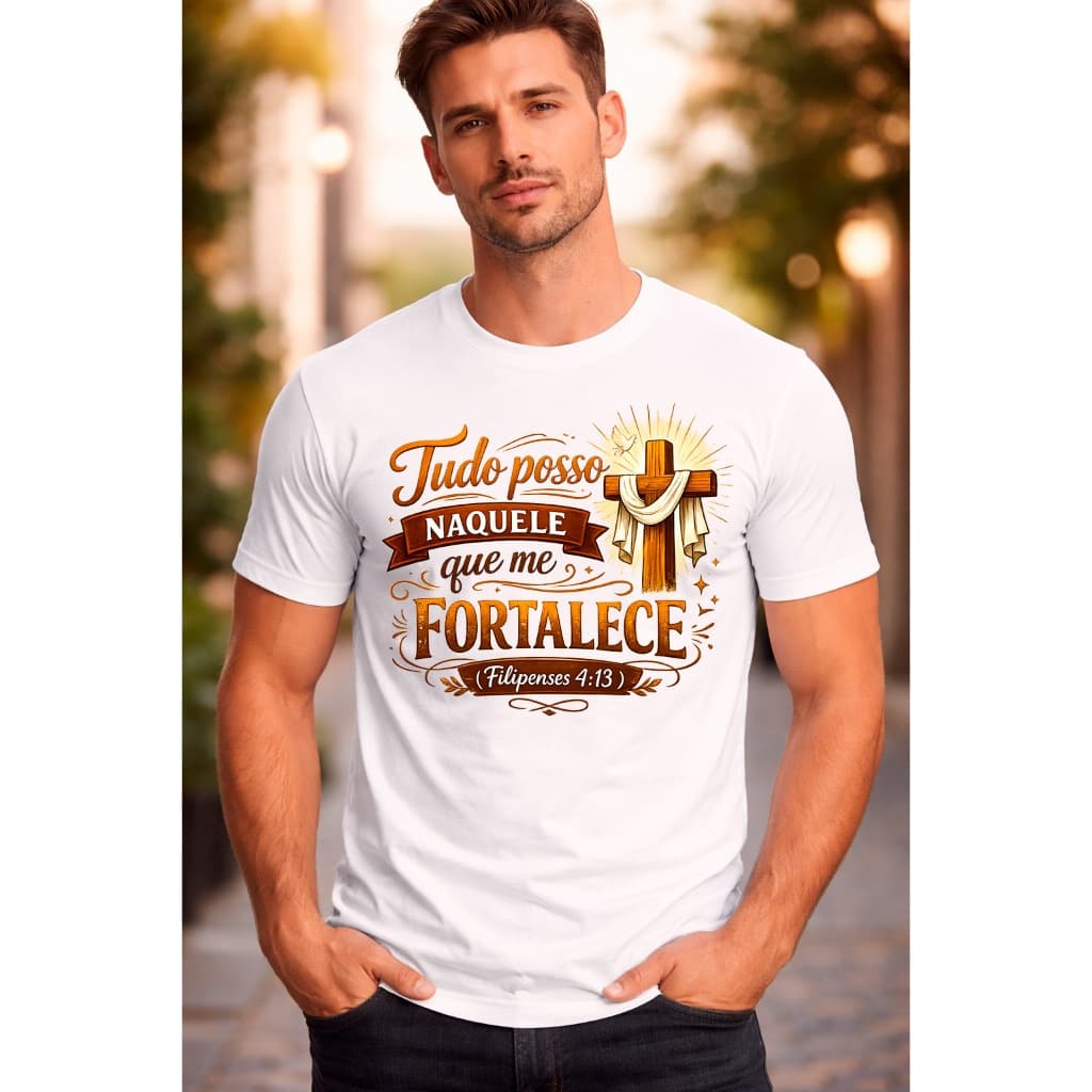 Camiseta Masculina Cristã Tudo Posso Malha Premium Algodão Camisa Evangélica Católica
