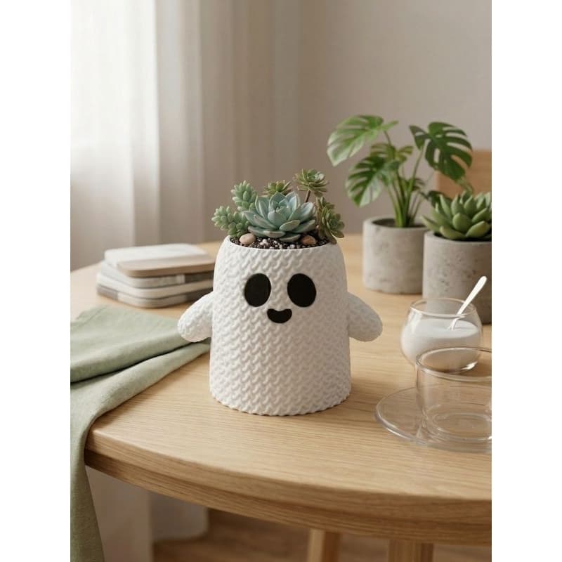 Vaso Fantasminha Fofo Textura Tricô 3D - Cachepot Decorativo para Mini Plantas e Suculentas