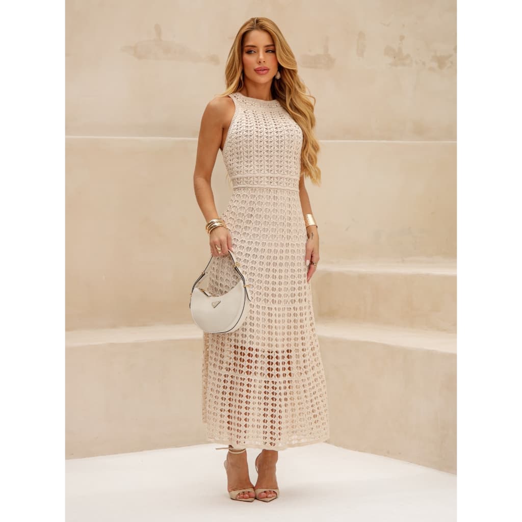Vestido Midi Tricot Crochê Sem Manga Elegante Festa Praia Reveillon Natal