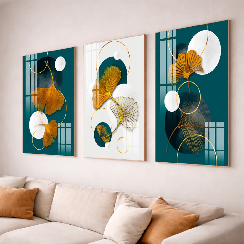 Quadro Decorativo Abstrato Folhas Douradas – Arte Moderna Geométrica Verde para Sala e Quarto