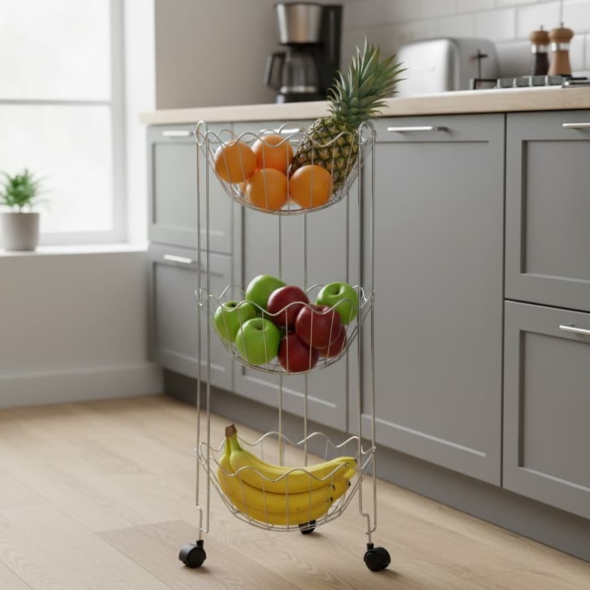 Fruteira de chão 3 andares em aço cromado com rodinhas fruteira copacabana tripla