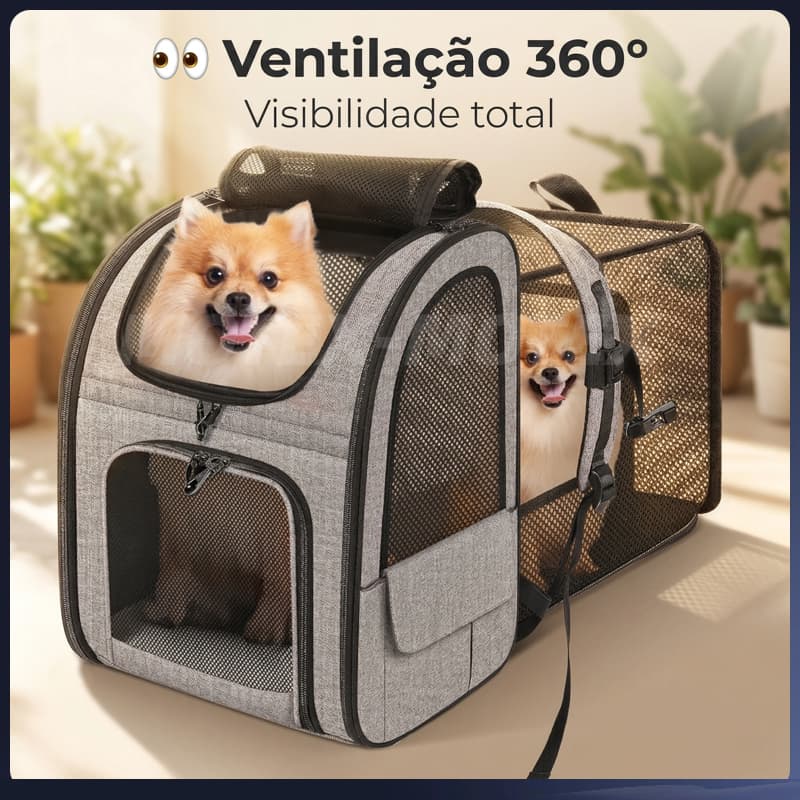 Mochila Pet Expansível para Cães e Gatos Impermeável com Almofada Confortável e Bolsos Laterais