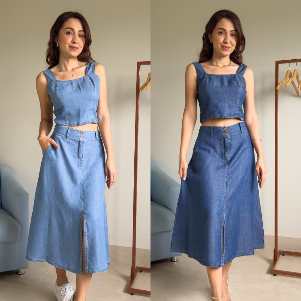Conjunto jeans feminino saia midi e cropped alcinha elegante