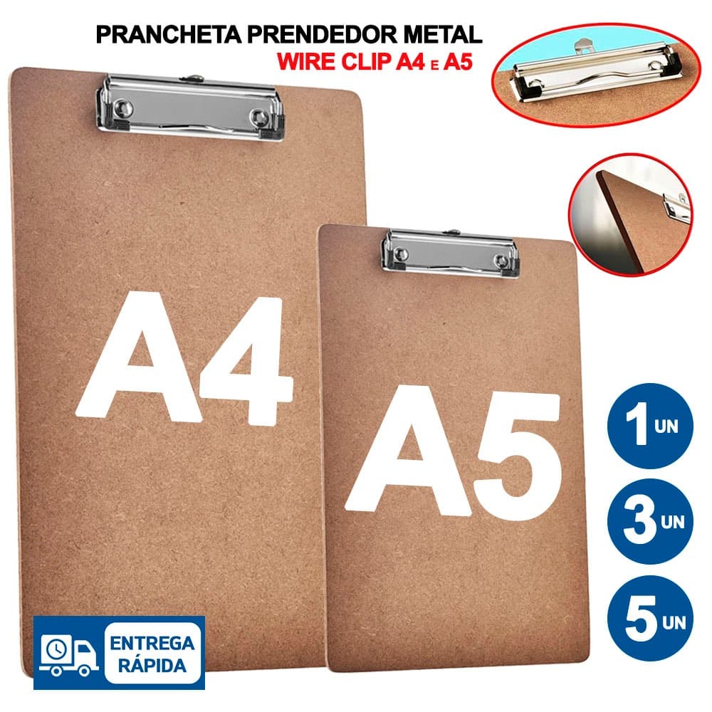 Prancheta A4 e A5 MDF Pretendor Metal Wire Clip Acrimet 01 a 05 Unidades