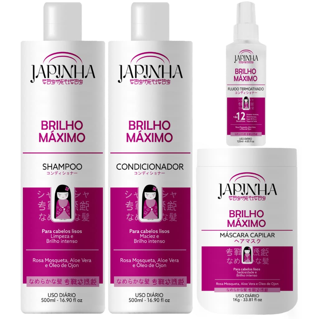 Kit Japinha Brilho Máximo | Shampoo + Condicionador + Máscara Capilar + Fluido Termoativado 💖