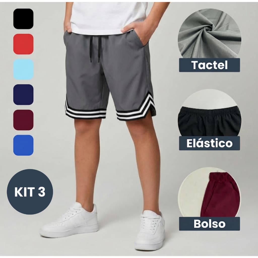 Kit 3 Bermuda Masculina Tactel com Barra PB Infantil Juvenil Criança Lisa Short - Tamanho 2 ao 16