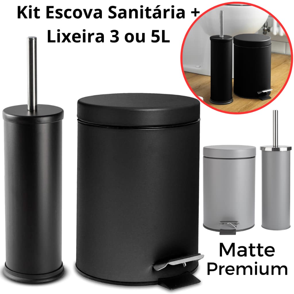 Kit Lixeira Banheiro Preto Branca Cinza Matte 3L ou 5L Powermaid + Escova Sanitária Vaso Limpeza