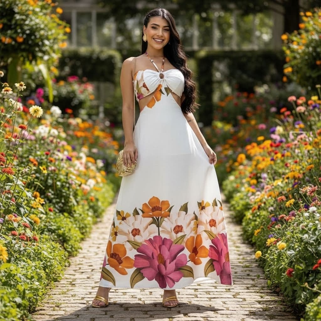 Vestido Longo Branco Floral Elegante com Bojo e Detalhe Vazado – Moda Feminina Verão 2026