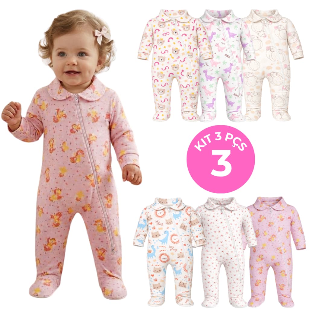 Kit 3 Macacão Longo Bebê Ribana Menina Estampada Algodão com Zíper Menino Top Envio Imediato