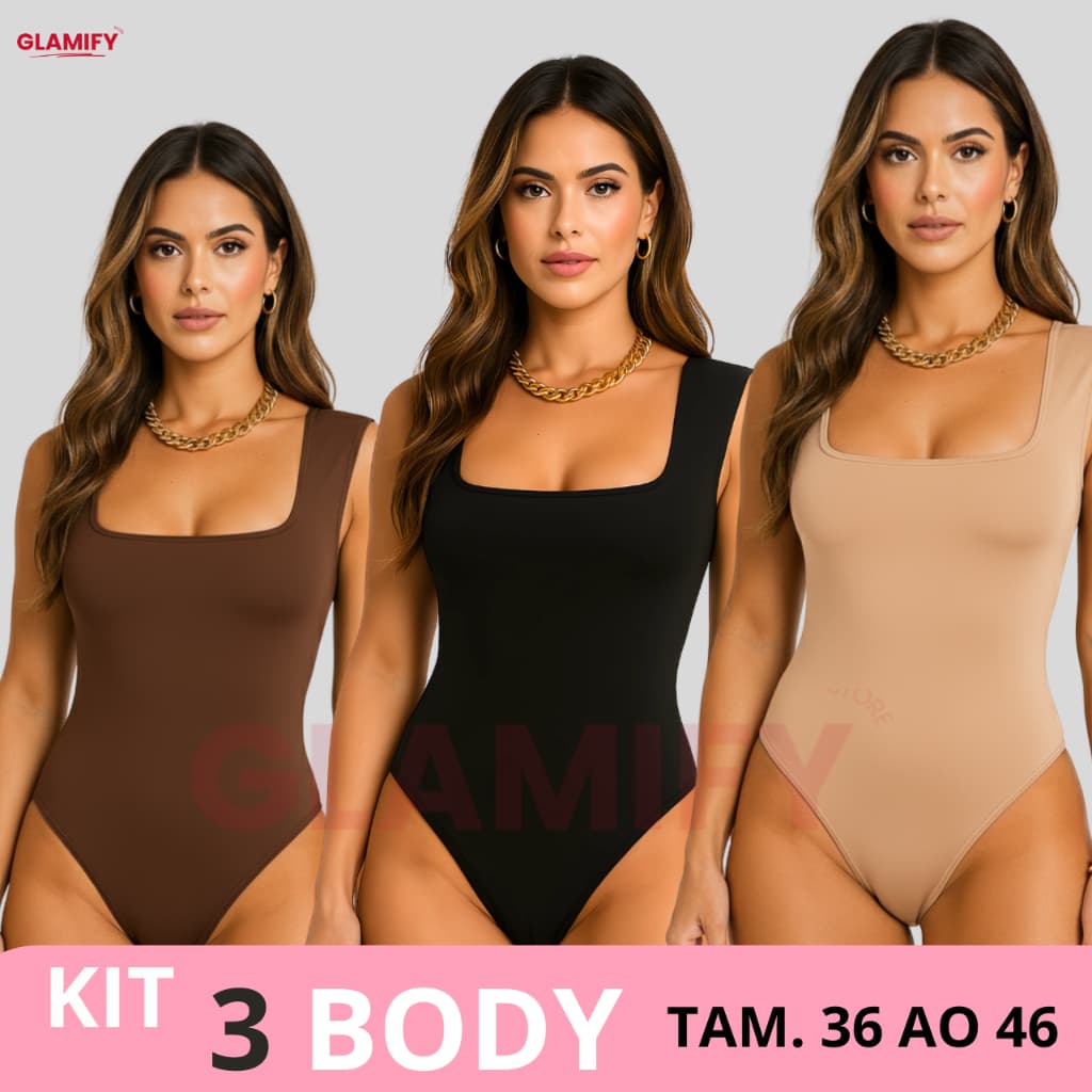 Kit 3 Body Collant Feminino Decote Quadrado Com Forro Alça Grossa Suplex Estilo Blogueira