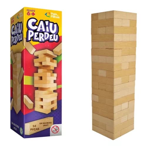 Jogo Caiu Perdeu 54 Pecas Madeira MDF Brinquedo Educativo Infantil Torre Equilibrio E Habilidade Diversao Em Familia