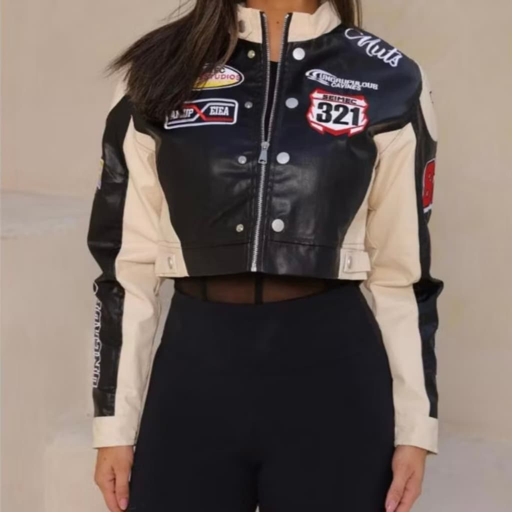 Jaqueta Couro Racing Motoqueira Bicolor Patches Zíper Estilo Piloto Streetwear Y2K Feminina