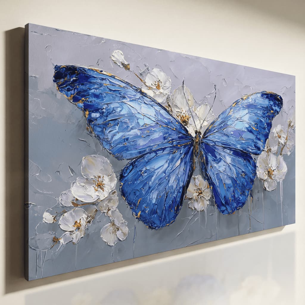 Quadro Decorativo Borboleta Azul Floral Arte Moderna Texturizada Sofisticada Sala