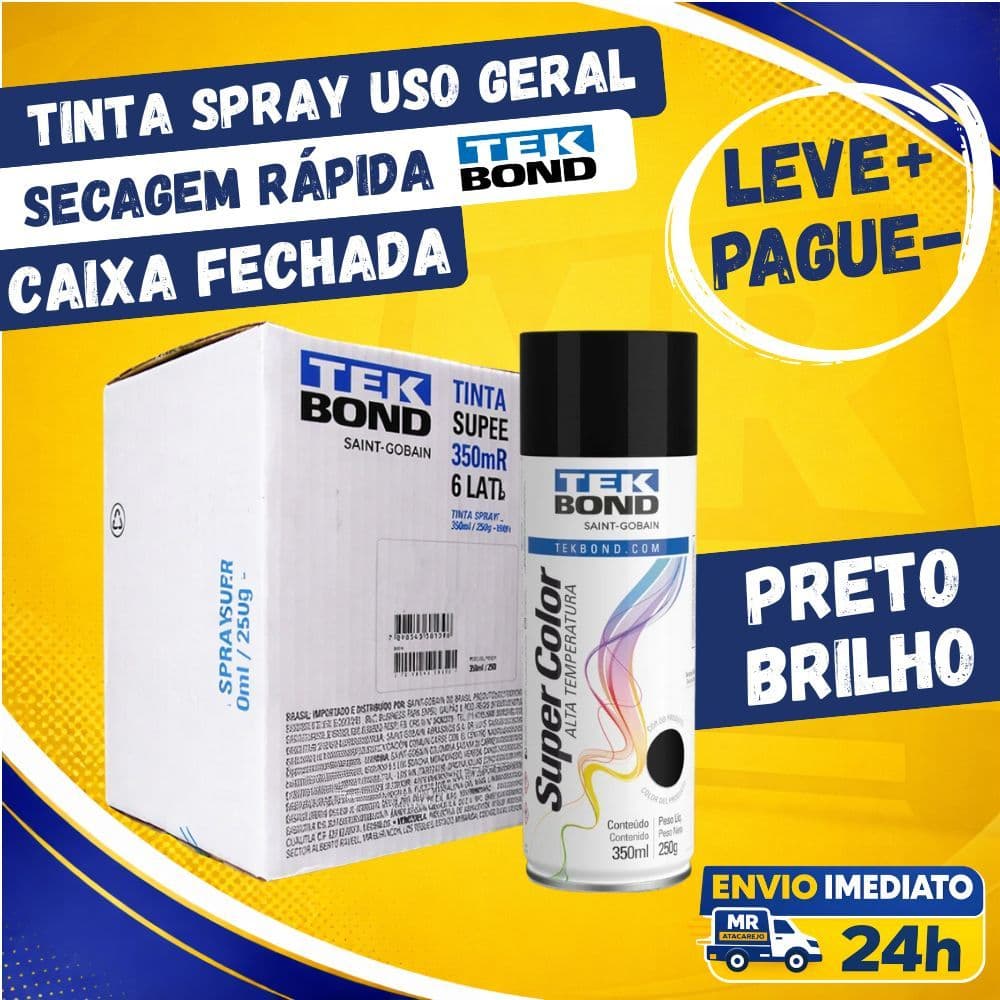 Kit 6 Tinta Spray Uso Geral Tinta Spray Preto Brilhante 350ml Madeira Metal Plástico Seca Rápido