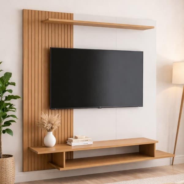 Painel Suspenso para TV com Ripado em Madeira e Nicho Inferior