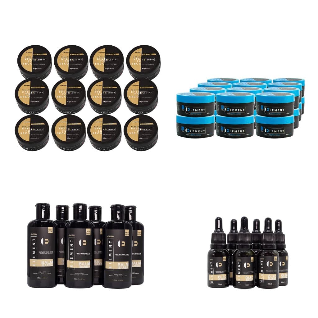 KIT PRODUTOS ELEMENT REVENDA - 6 BALM BARBA 6 ÓLEO BARBA 6 CERA EFEITO SECO 6 PASTA BRILHO 80GR