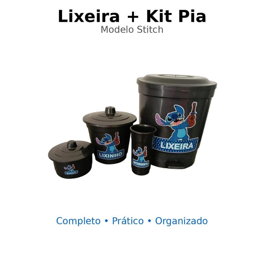 Kit Lixeira Plástica 13 Litros + Kit Pia Stitch – Organização e Utensílios de Cozinha