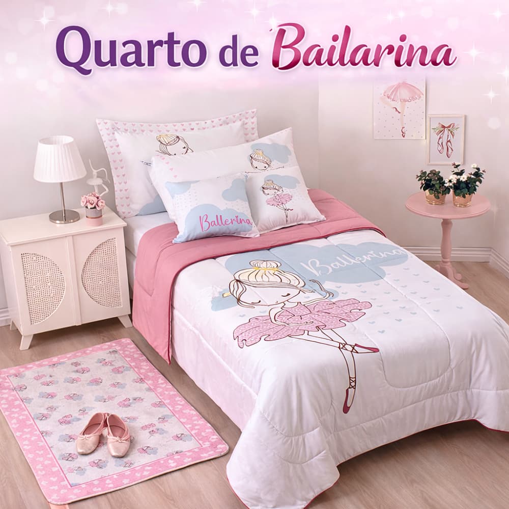 Kit Edredom Infantil 5 Peças Bailarina Solteiro 400 Fios Cama Juvenil Menina