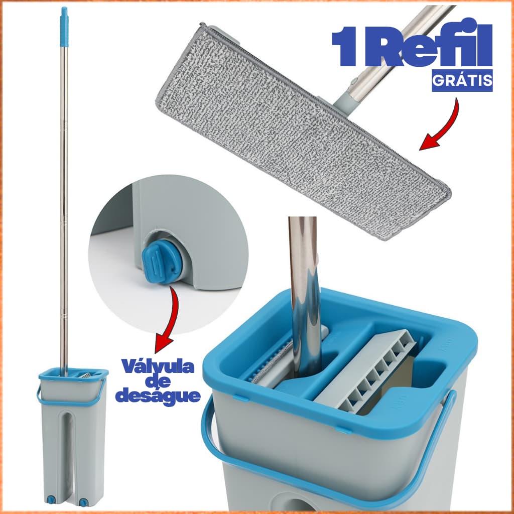 Esfregão Flat Mop 6 Litros Refil Extra Cabo Extensível em Inox Faxina Remoção de Poeira