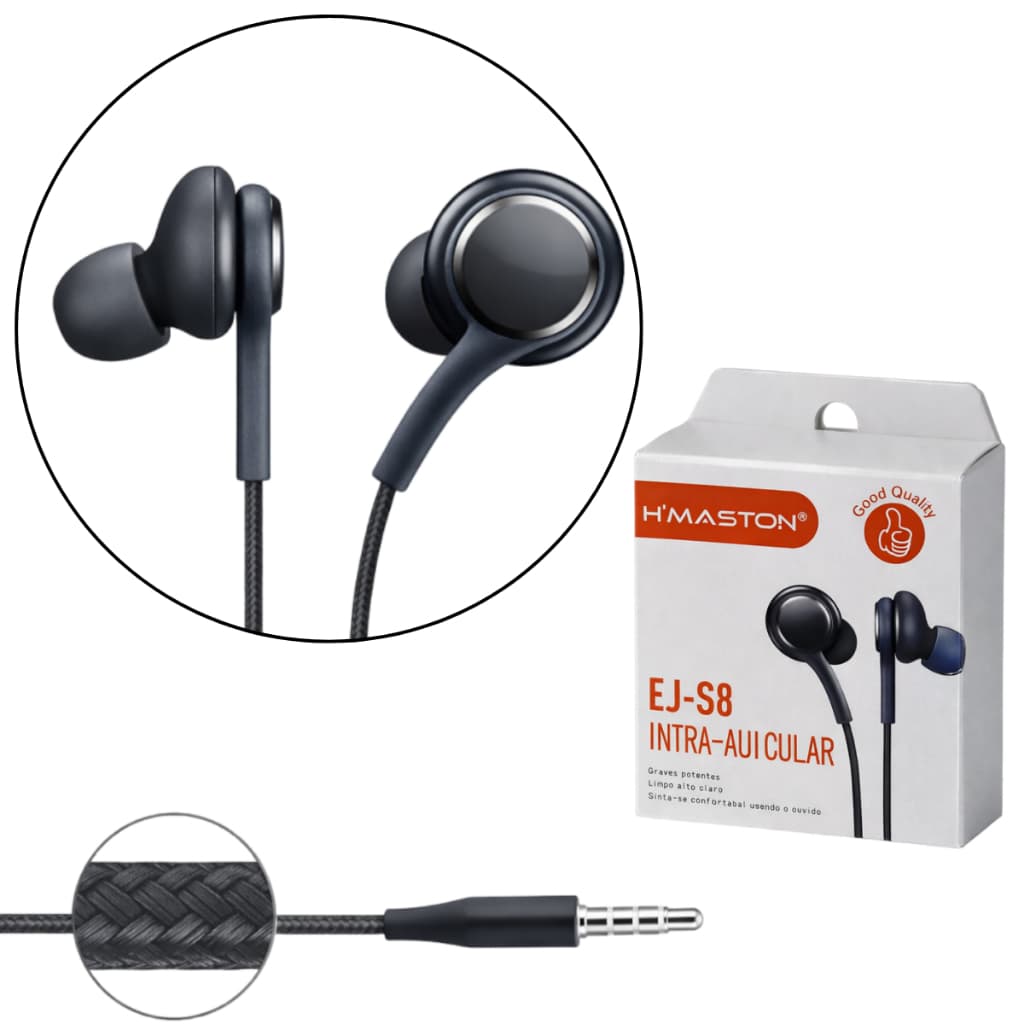 fone de ouvido intra auricular com fio preto hmaston ej s8 cabo p2 1,2m entrada auricular 3,5mm