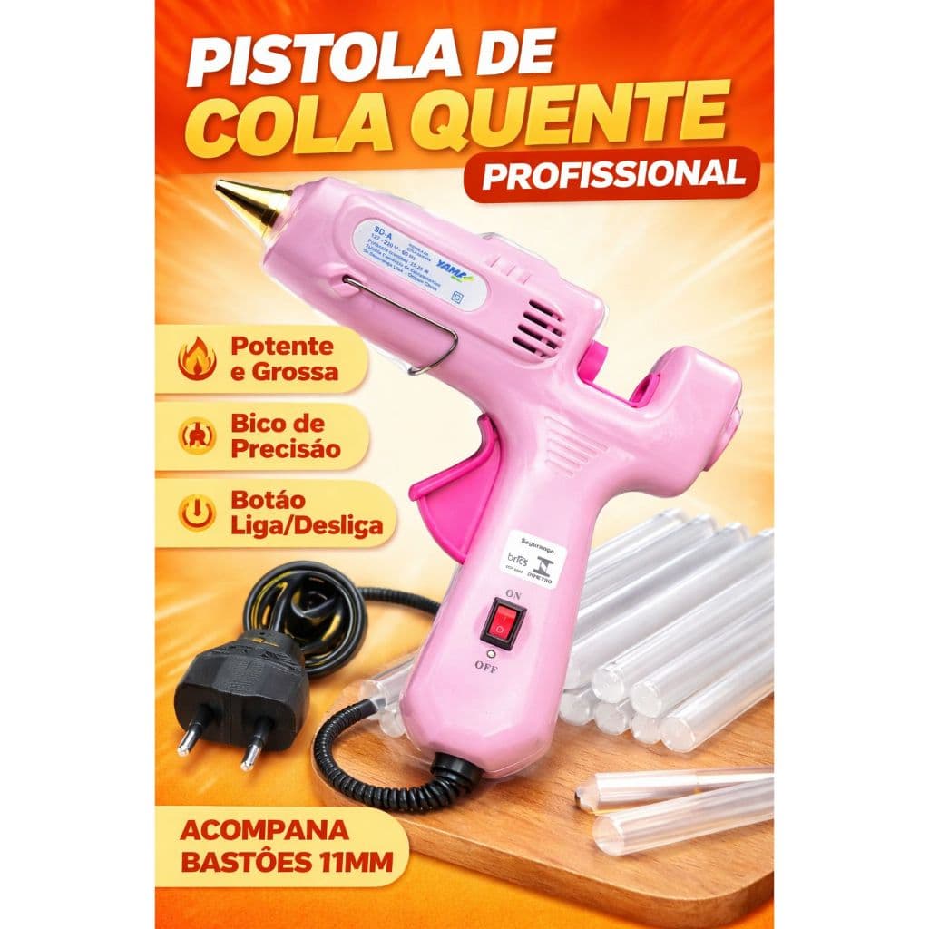 Pistola de Cola Quente Profissional Grossa 11mm com Botão Liga/Desliga Bivolt Alta Potência