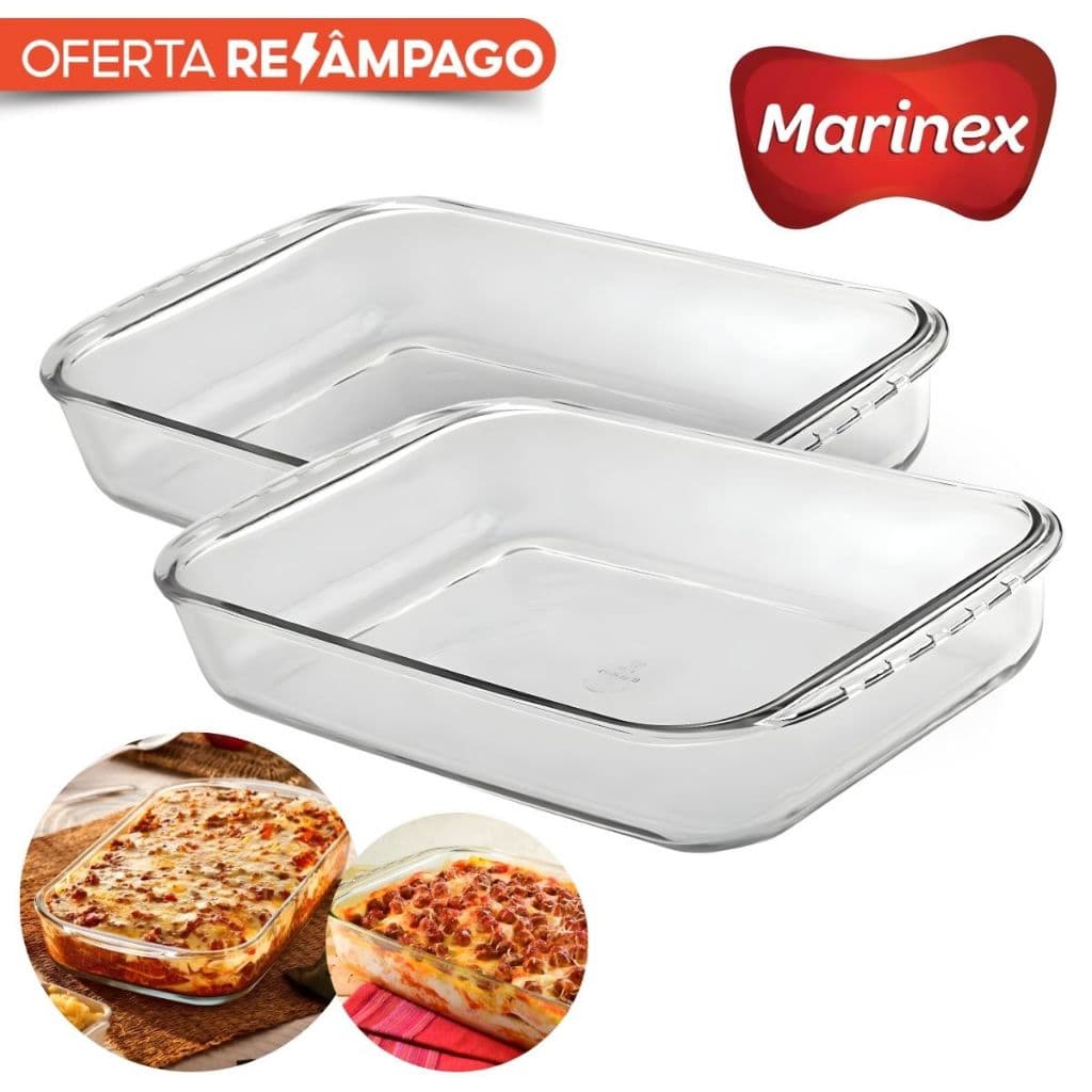 Kit 02 Lasanheira Forma  Retangular Funda Assadeiras Gourmet 5L Grande Vidro Temperado Marinex