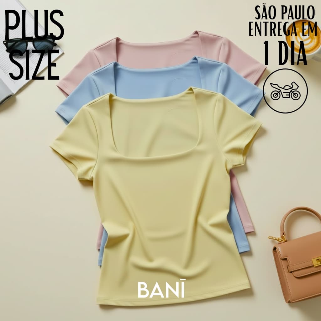 Blusa Feminina Plus Size Decote Quadrado Manga Curta Y2K Suplex Premium Forrada Não Transparente